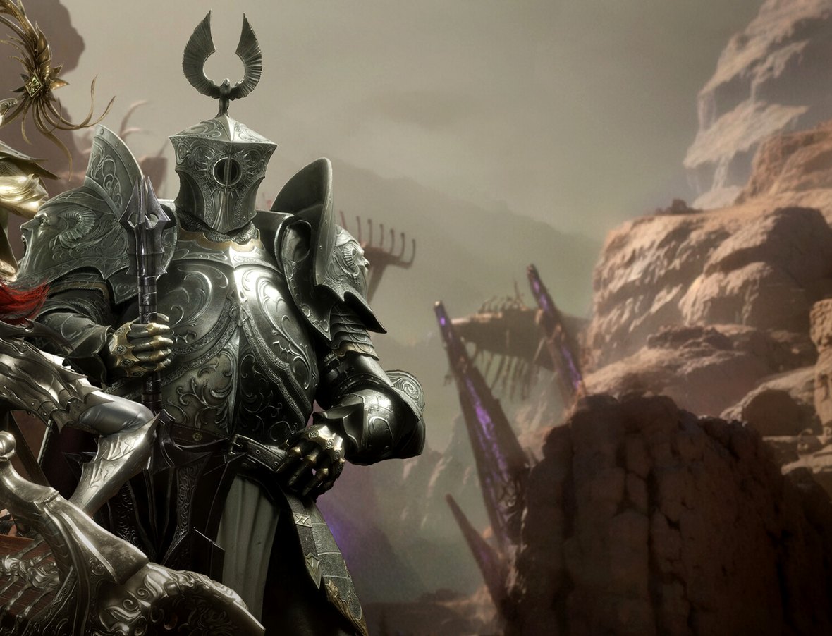 Official EVILBANE key art: a horned Resistance knight watching a canyon pass