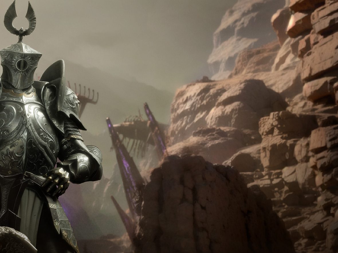 Official EVILBANE key art: a horned Resistance knight watching a canyon pass