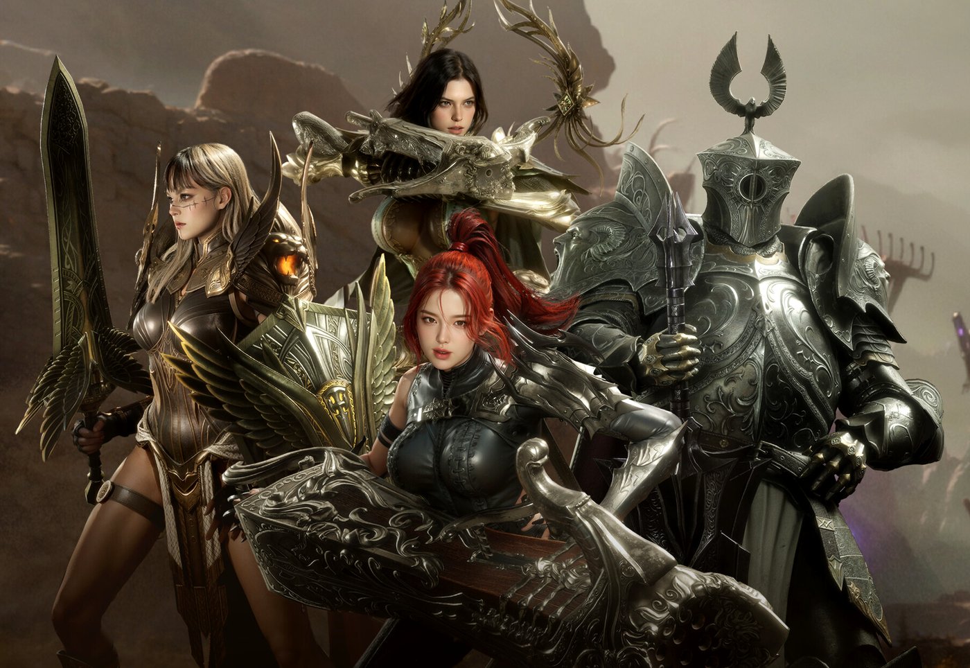 Official EVILBANE key art: Resistance warriors gathered in a canyon stronghold