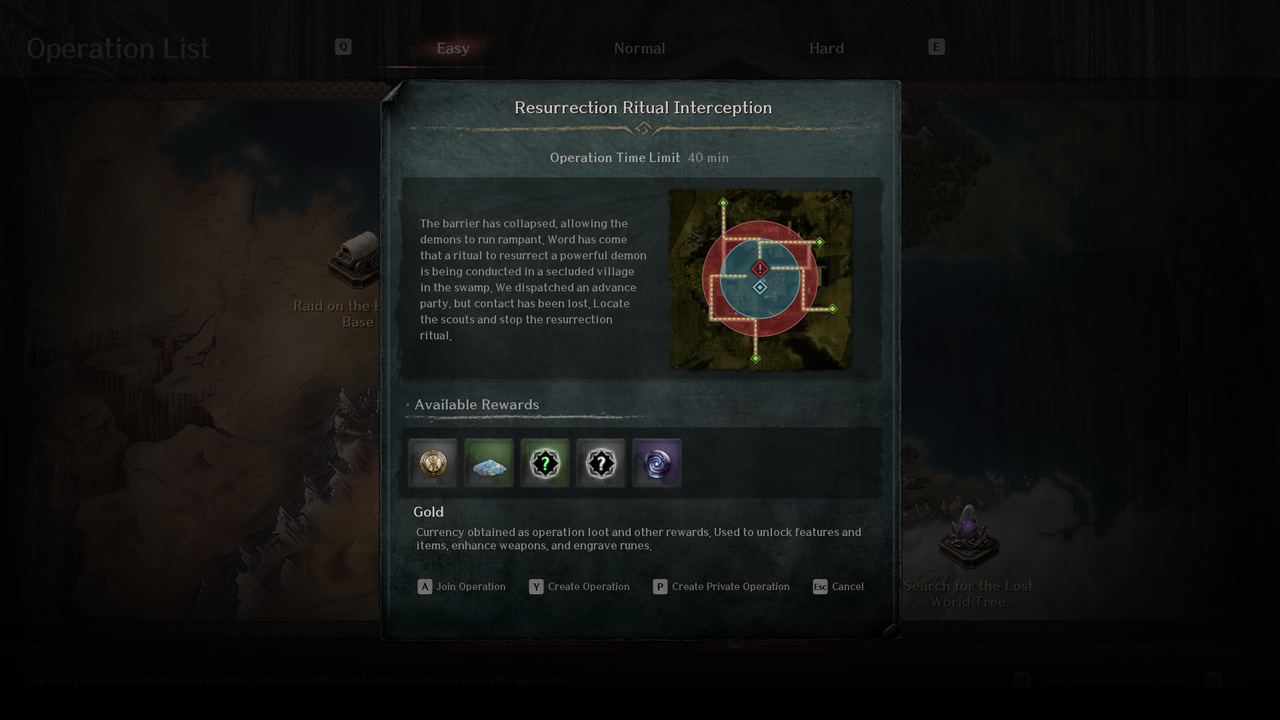 An EVILBANE operation briefing with its time limit and available rewards