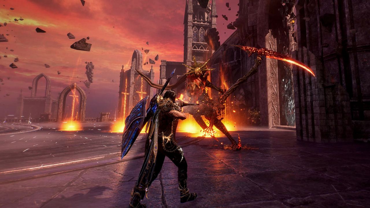 An EVILBANE warrior with a winged shield facing an armoured monster in a ruined city