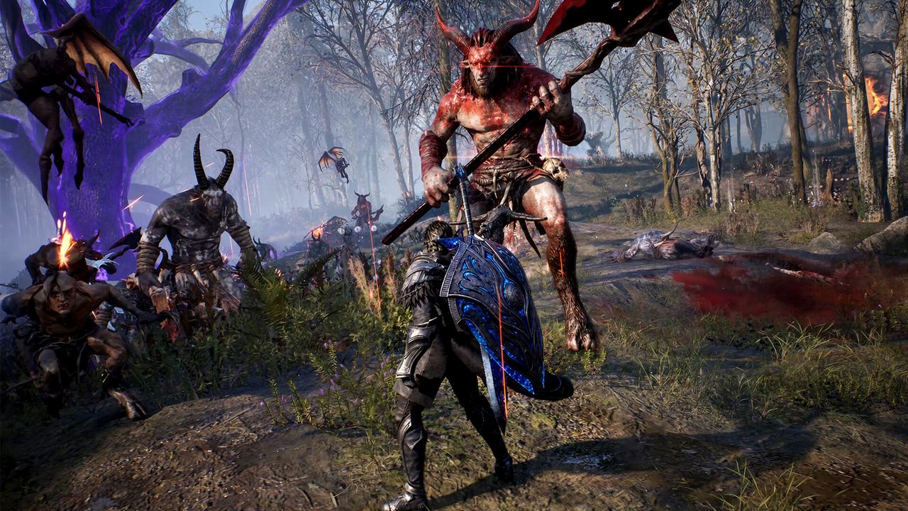 An EVILBANE warrior holding a shield against a wave of horned enemies