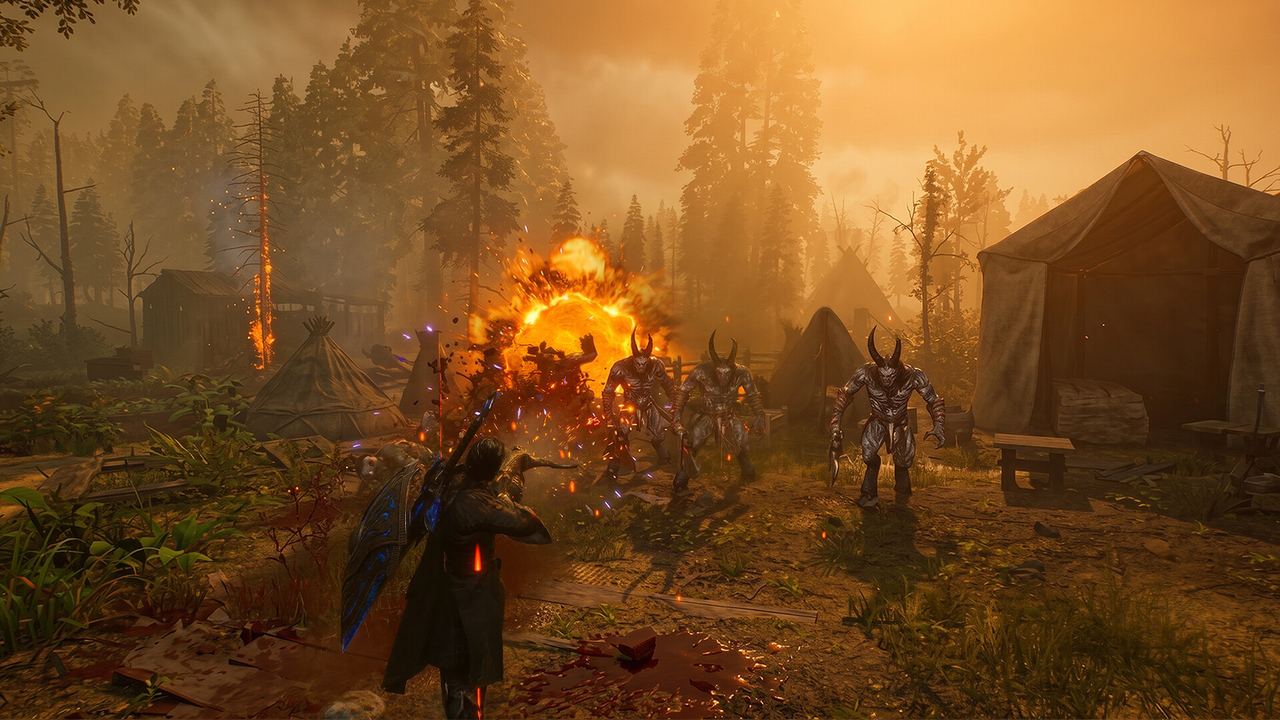 A party of armoured EVILBANE warriors at a forest camp