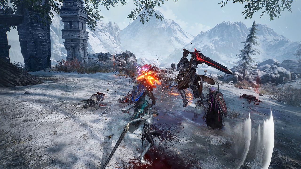 EVILBANE fighters advancing through a snowbound ruin
