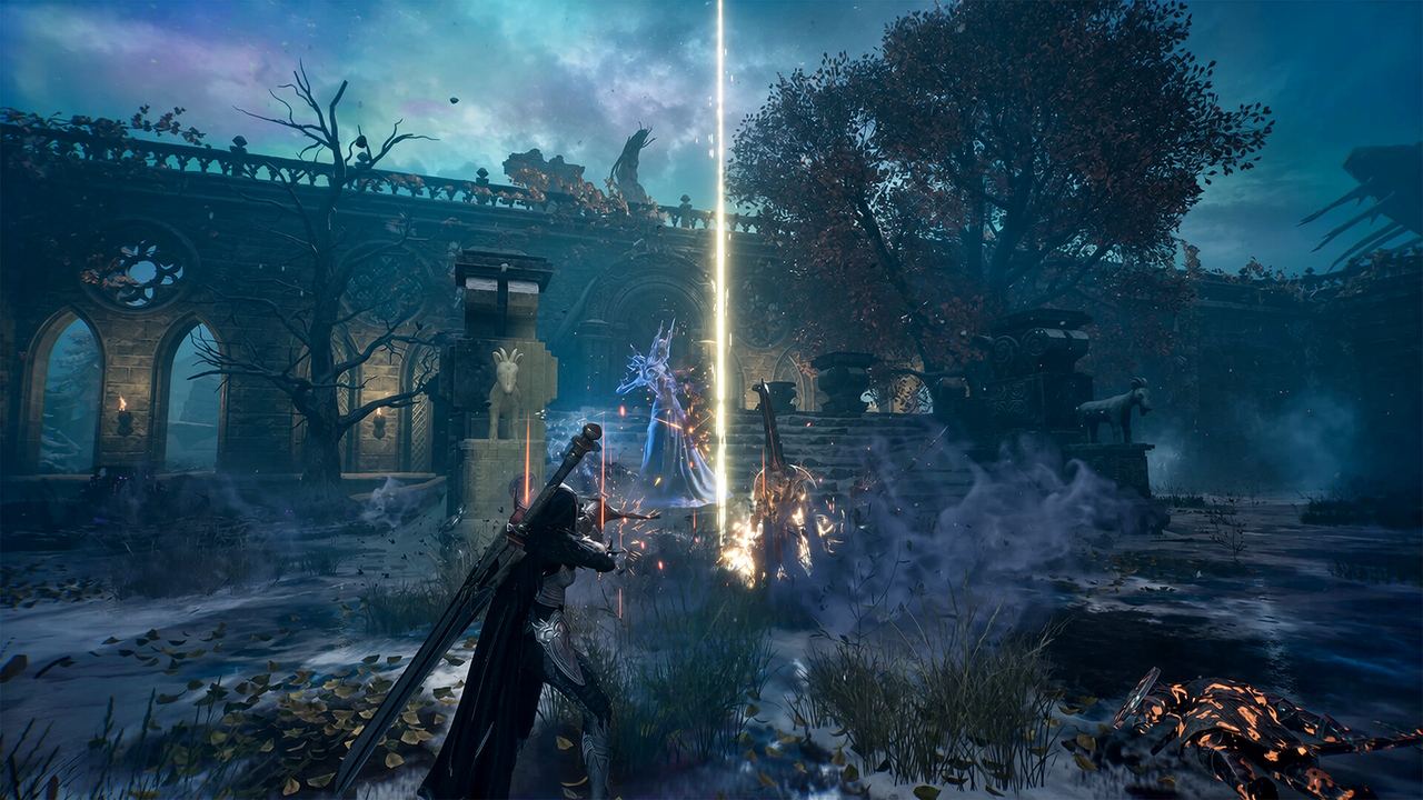 An EVILBANE warrior in a ruined courtyard beneath a column of light