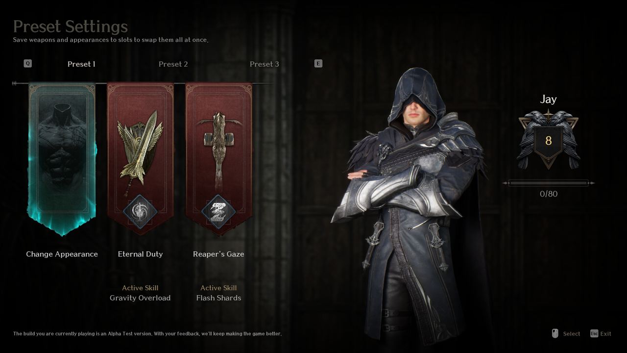 The EVILBANE preset screen, with three equipment presets and a character preview