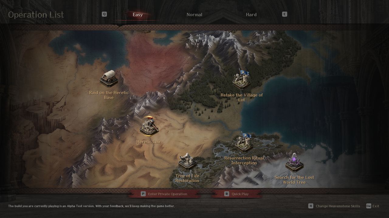 The EVILBANE Operation List screen with difficulty tabs over the world map