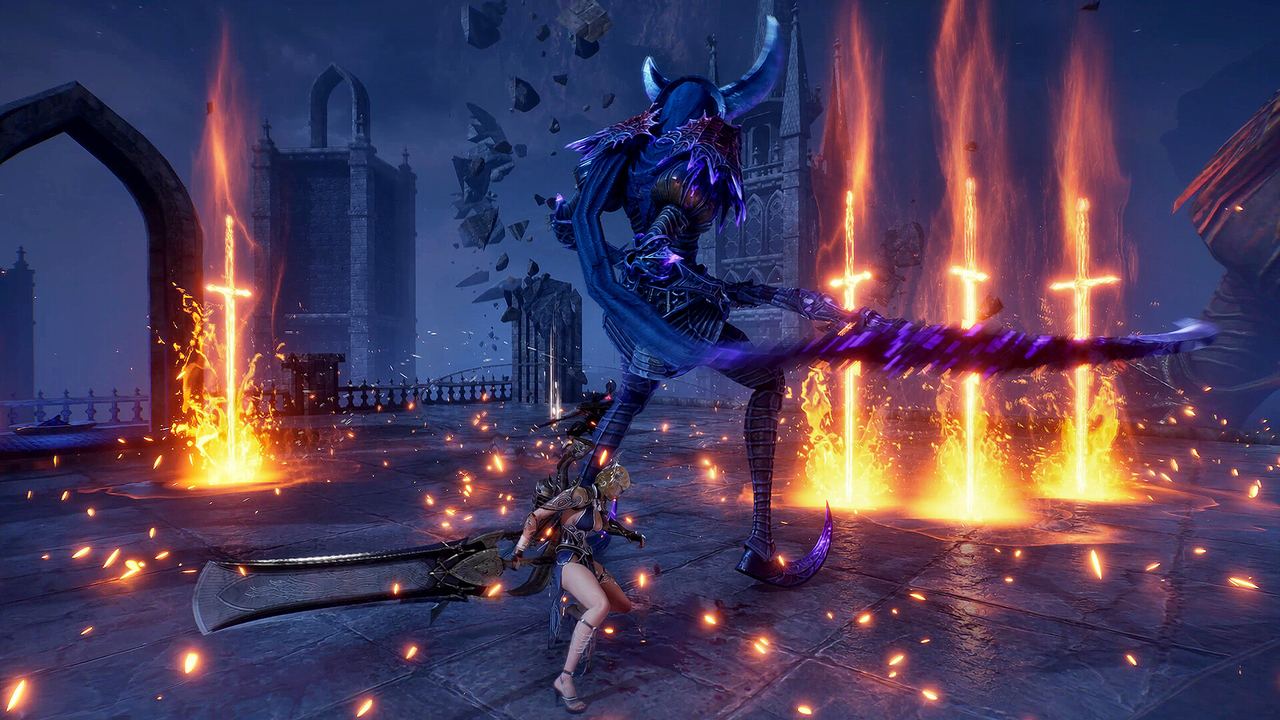 EVILBANE warriors closing on a colossal armoured boss in a ruined courtyard