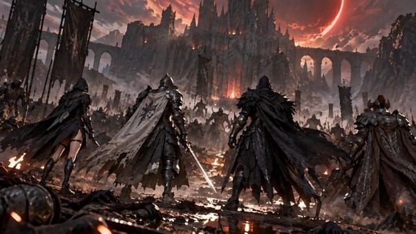 Official EVILBANE artwork: two warriors facing a fire giant