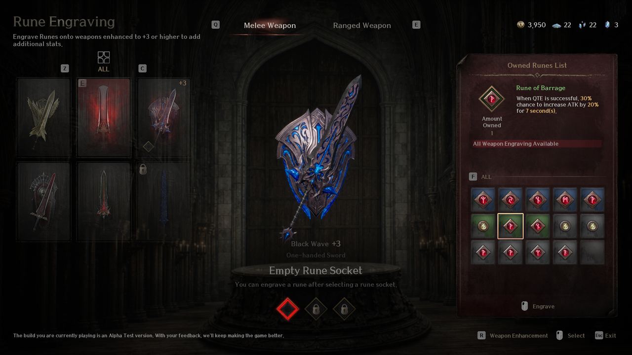 The rune engraving screen, with a socket selected and the rune list open