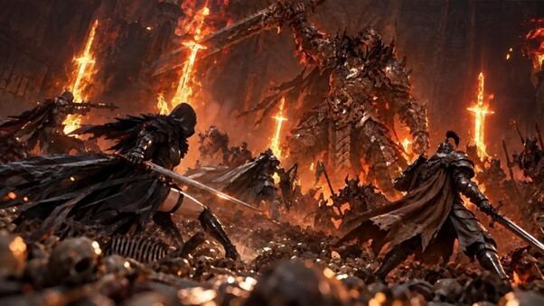 Official EVILBANE artwork: two warriors against a fire giant