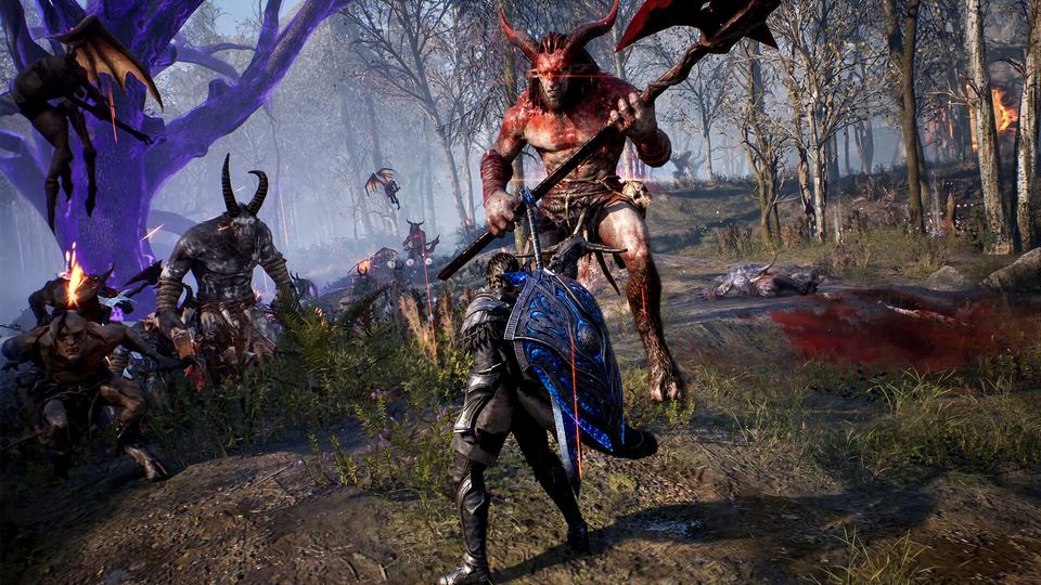 EVILBANE warrior shielding against horned enemies